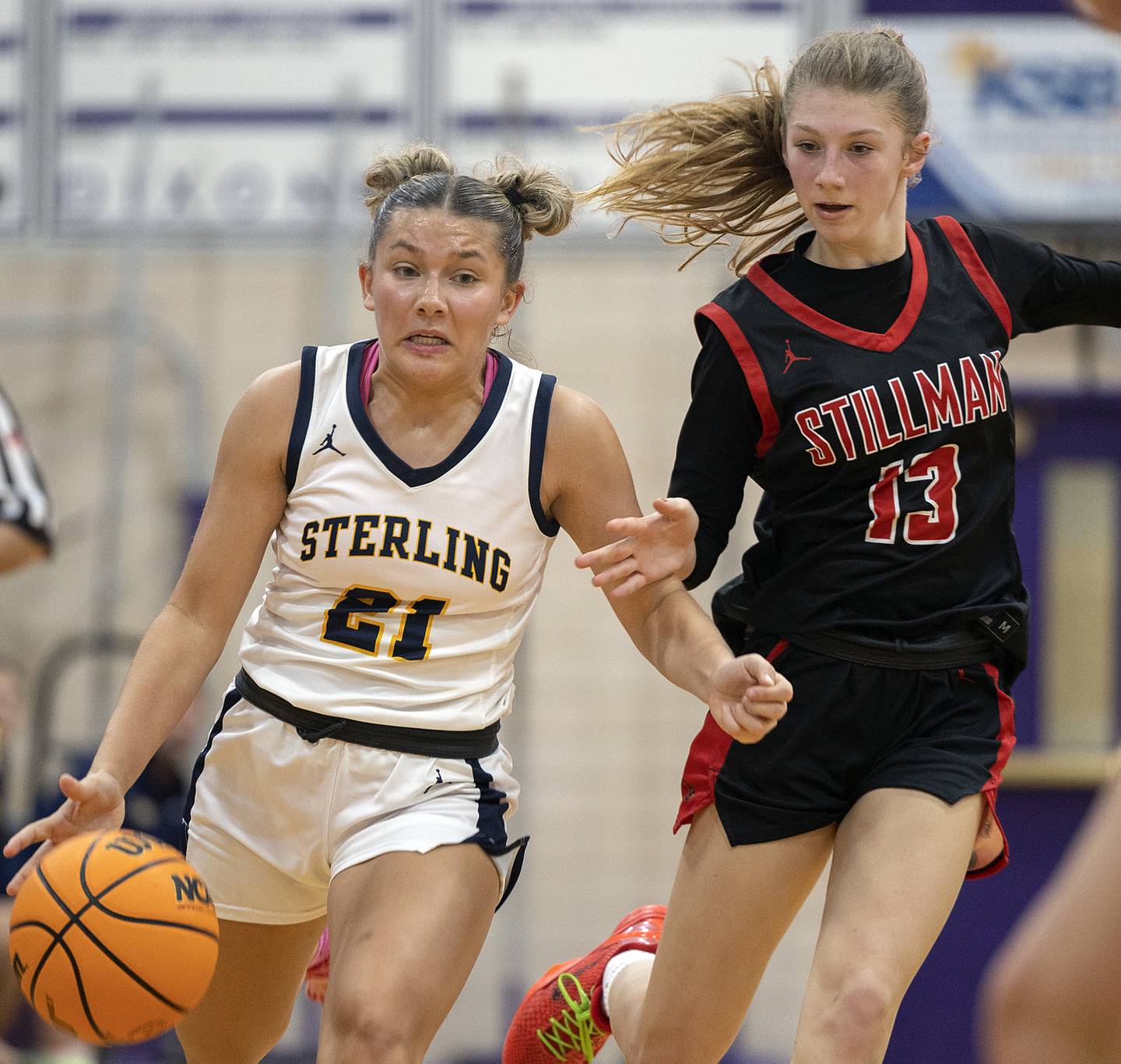 Sterling’s Jae James handles the ball against Stillman Valley’s Lillian Green Friday, Dec. 27, 2024, during the Dixon Girls KSB Holiday Basketball Classic.