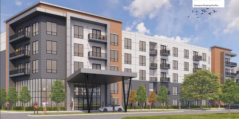 Plans call for a five-story apartment complex at Yorktown Center in Lombard.