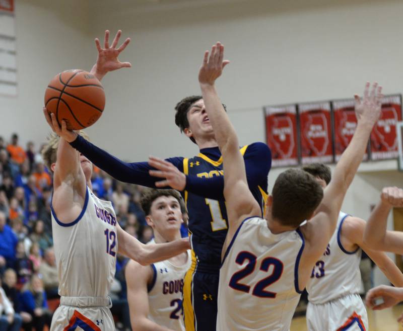 Polo's Carter Merdian drives to the basket against Eastland' on Friday, Feb. 23, 2024 at the 1A Forreston Regional championship game at Forreston High School.