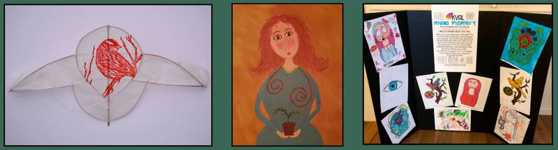 (Left to right); Black-and-white woodblock printmaking artwork created by Alfred Stark, acrylic painting created by KVAL artist Kathleen Kelly Weisser, and "Young Picasso's" Kids Summer Art Program artwork examples
