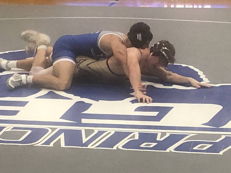 Princeton's Augie Christiansen and Tyler Semlar of Morris square off at 145 Tuesday night at Prouty Gym.