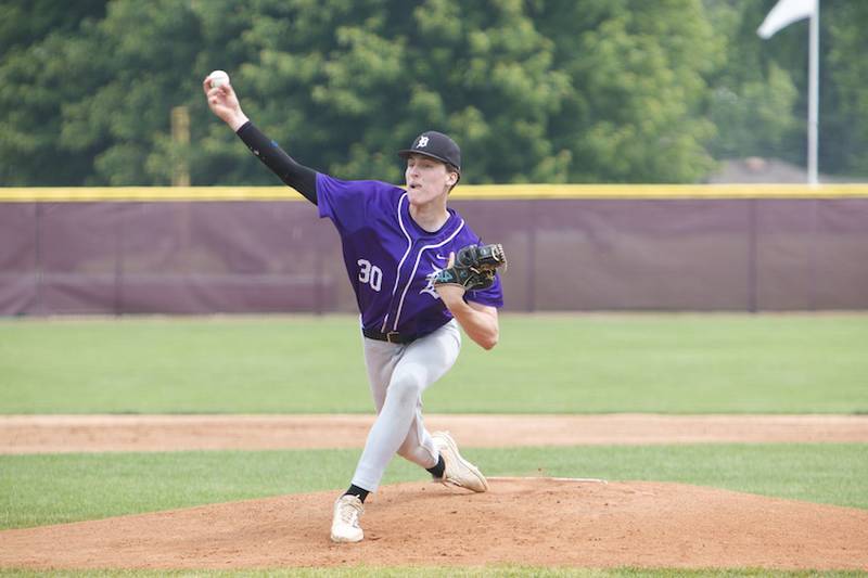 Downers Grove North’s Colin Doyle delivers a pitch against Waubonsie at the Class 4A Sectional Final on Saturday, June 7, 2025 in Lockport.