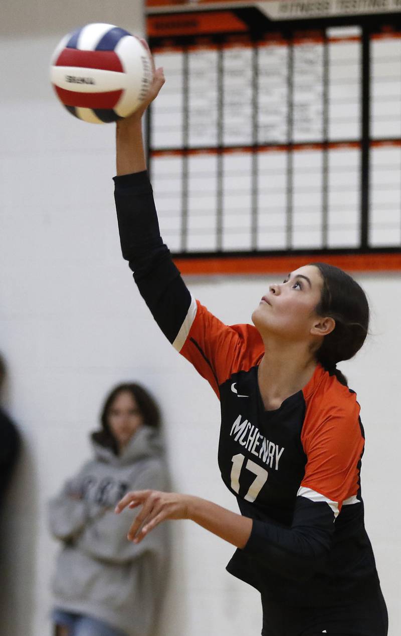 McHenry's Jocelyn Villegas serves the ball during a Fox Valley Conference volleyball match against Crystal Lake South on Thursday, Aug. 28, 2025, at the Freshman Campus of McHenry High School in McHenry.