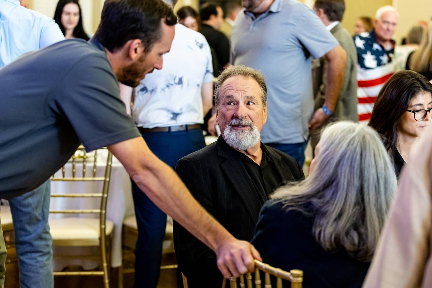 Night Train Veeck and Mike Veeck chat during the May Member Luncheon presented by the Joliet Region Chamber of Commerce & Industry at the Renaissance Center on May 23, 2024.