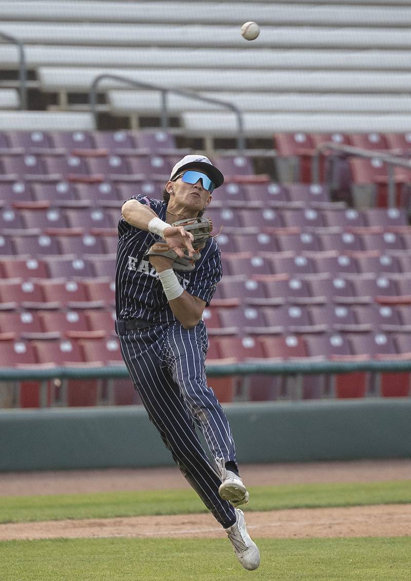 Chicago Hope’s Eric Delgado fires a throw to first Newman Monday, June 2, 2025, during the Class 2A Supersectional at Northwestern Medicine Field in Geneva.