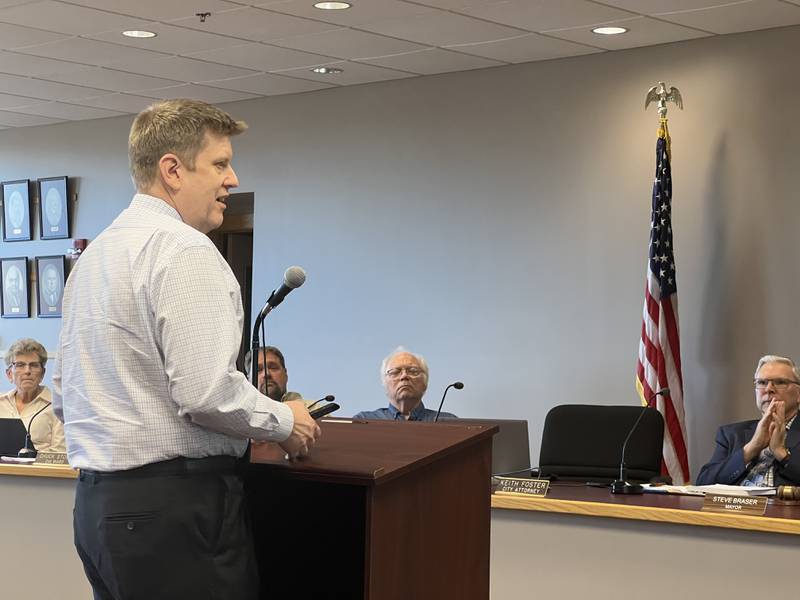 Sycamore City Manager Michael Hall talks during a Sycamore City Council meeting on April 15, 2024.