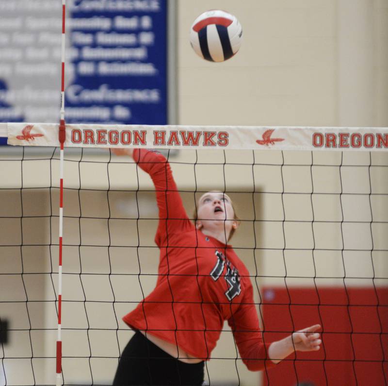 Erie-Prophetstown's Eden Jensen spikes the ball in the third place match with Lena-Winslow  at the Oregon Varsity Girls Volleyball Tournament on Saturday, Sept. 6, 2025 at the Blackhawk Center in Oregon.