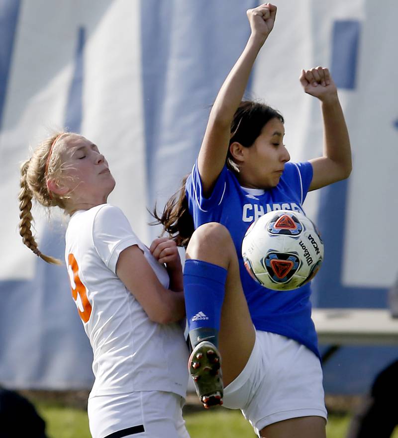 Crystal Lake Central's Maddie Gray and Dundee-Crown's Emilia Arias battle for the ball during a Fox Valley Conference soccer match Tuesday April 26, 2022, between Crystal Lake Central and Dundee-Crown at Dundee-Crown High School.