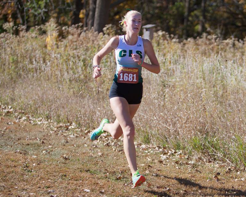 Crystal lake South's Olivia Pinta  heads for the finish line at the Fox Valley Conference meet on Saturday, Oct. 19,2024 at Hickory Nut Grove Preserve in Cary.