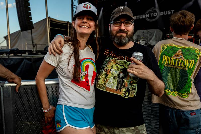 Cale Patton (Chicago) and Aaron Pollard (Memphis, TN) wear merch from different Billy Corgan eras during Taste of Joliet on June 20, 2025.