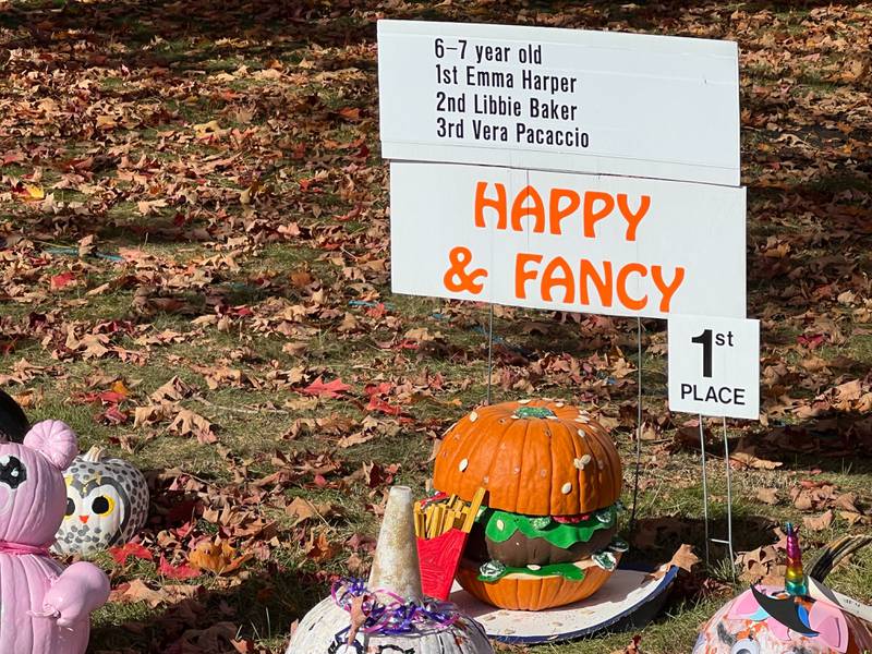 Emma Harper's hamburger pumpkin, seen here on Oct. 25, 2024, was awarded first place in the 6-7 year old Happy and Fancy category in the 2024 Sycamore Pumpkin Festival pumpkin decorating contest.