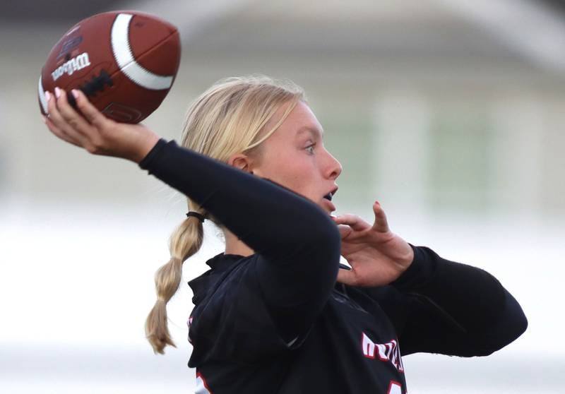 Huntley’s Lyla Ginczycki throws the ball against McHenry  in varsity flag football at Huntley High School in Huntley on Tuesday, Sept. 9, 2025.