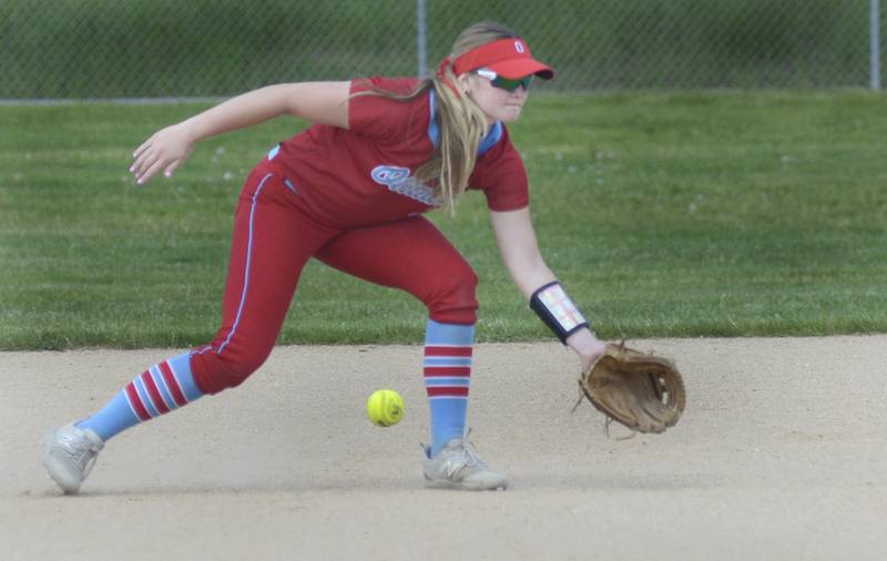 Ottawa shortstop Piper Lewis chases down a ground ball Wednesday against Rochelle at Ottawa.