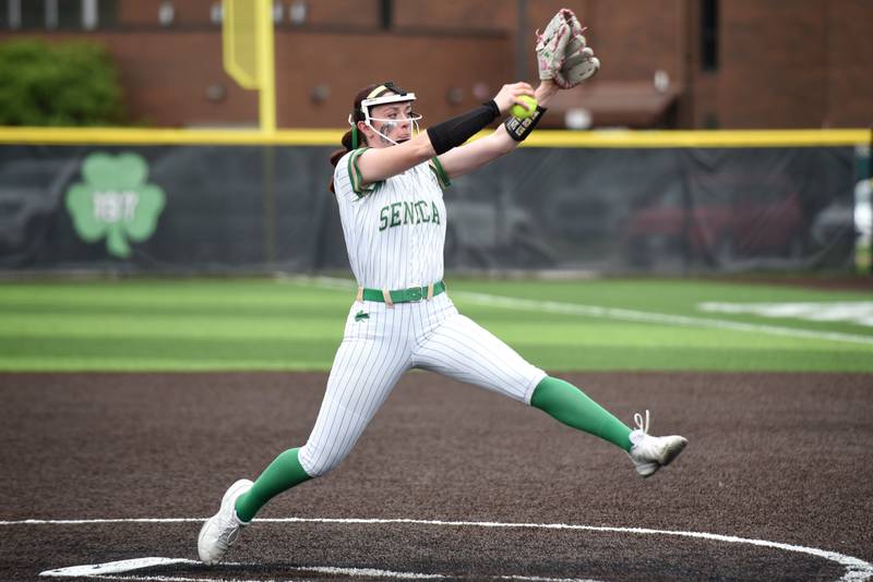 Seneca's Hayden Pfeifer throws a pitch during the Class 2A Seneca Regional semifinals against Reed-Custer Tuesday, May 19, 2026.