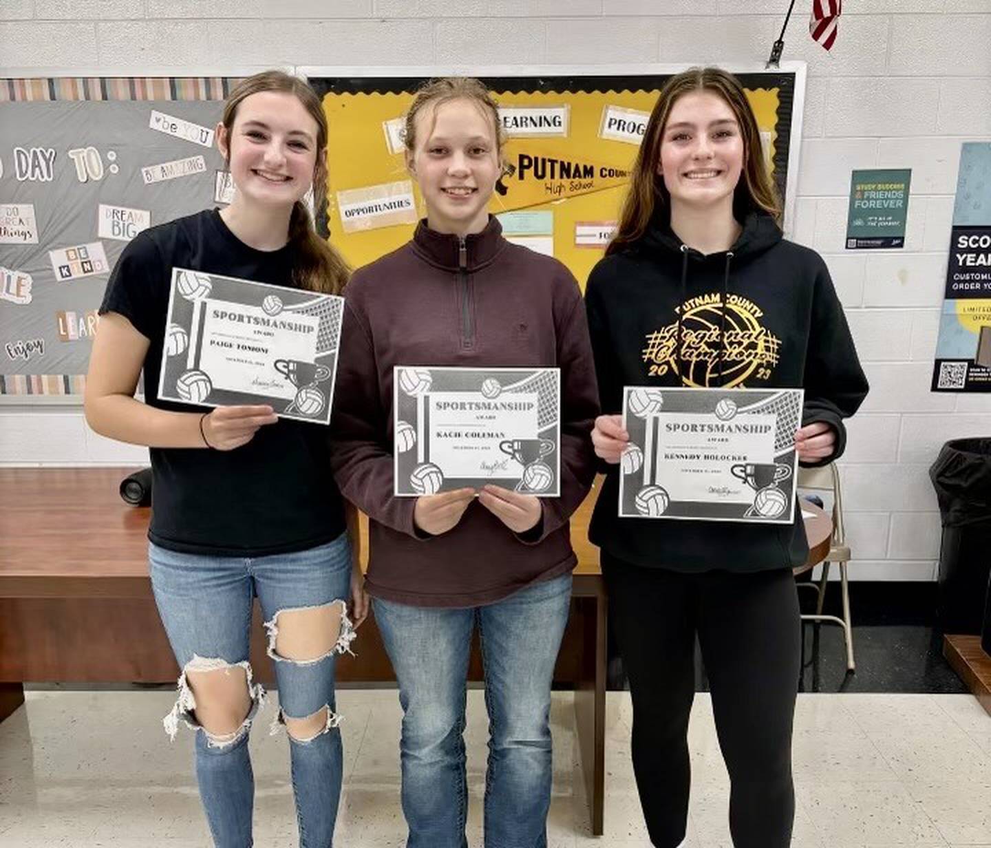 Sportsmanship award winners for the 2024 Putnam County volleyball season were (from left to right) Paige Tonioni (JV), Cassie Coleman (varsity) and Kennedy Holocker (freshmen).