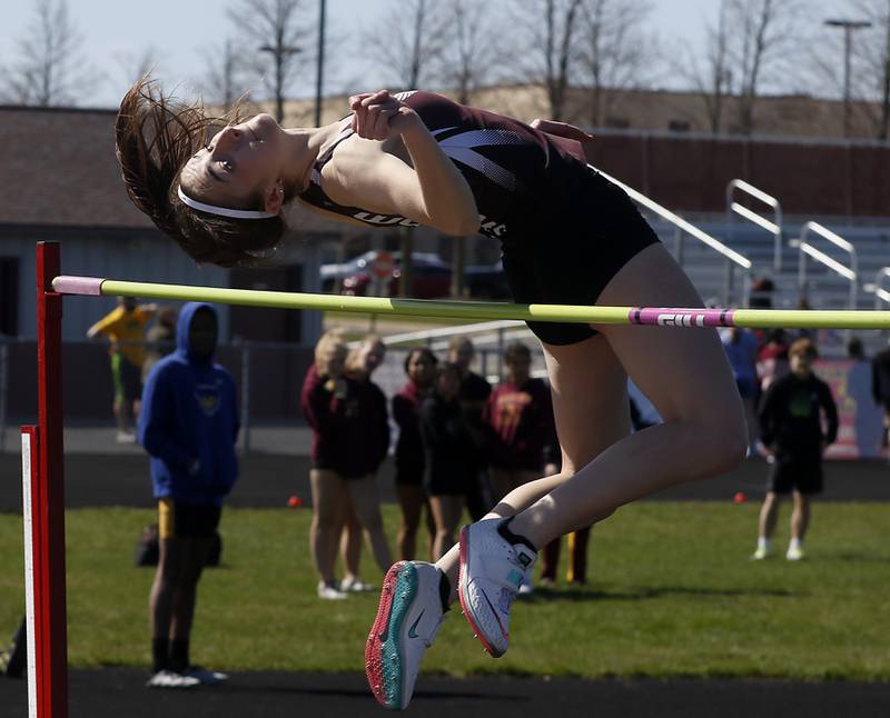 Prairie Ridge’s Rylee Lydon clears the ball   as she competes in the high jump Thursday, April 21, 2022, during the McHenry County Track and Field Meet at Richmond-Burton High School.