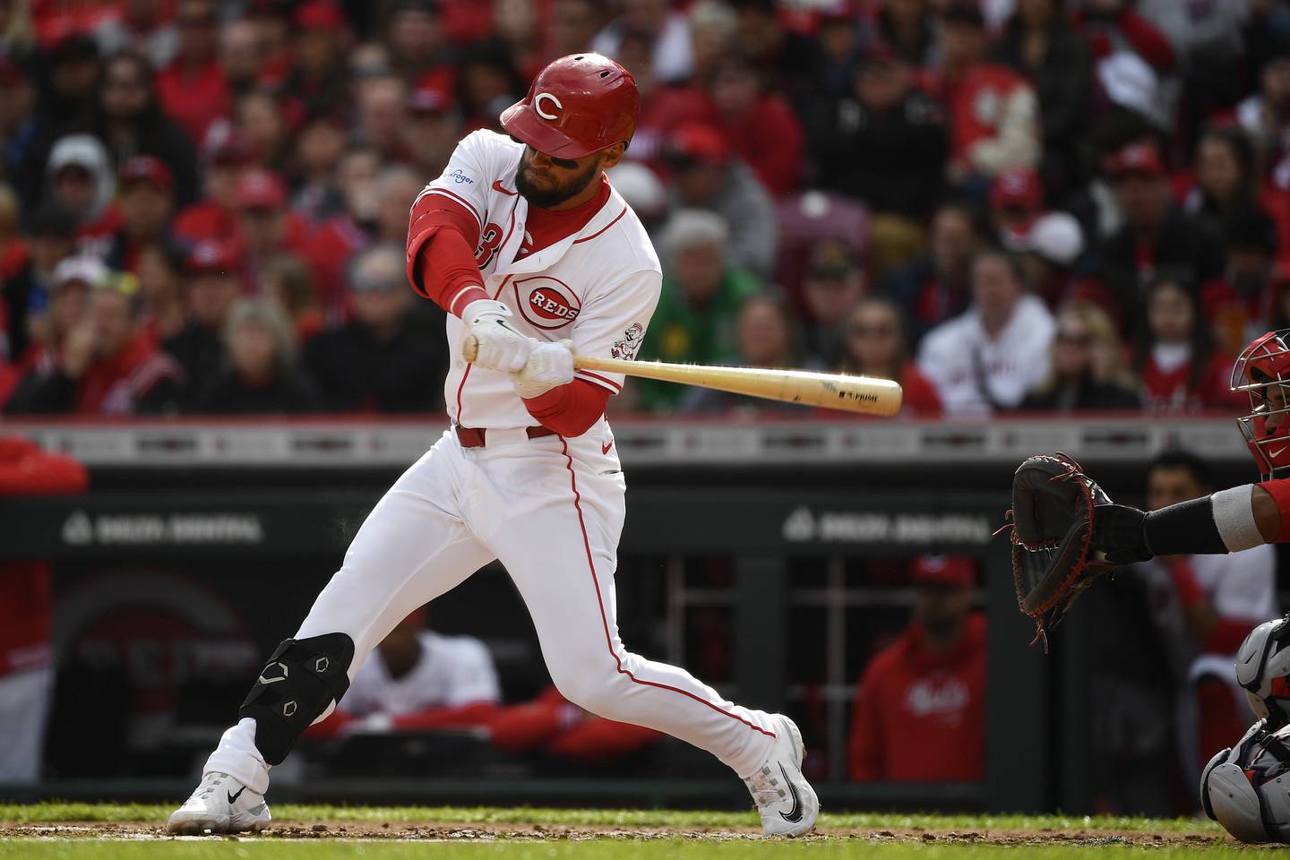 Cincinnati Reds' Nick Martini takes a swing during the second inning against the Washington Nationals in Cincinnati, Thursday, March 28, 2024.