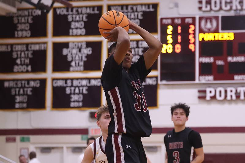 Plainfield North’s Pierre Pointer takes a shot against Lockport on Friday, Jan. 3, 2025 in Lockport