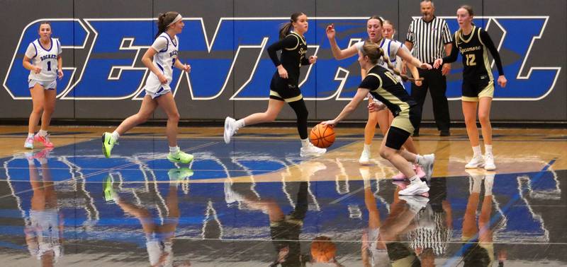 Burlington Central’s Rockets face off against Sycamore’s Spartans in girls basketball at Burlington Central High School in Burlington on Tuesday, November 18, 2025.