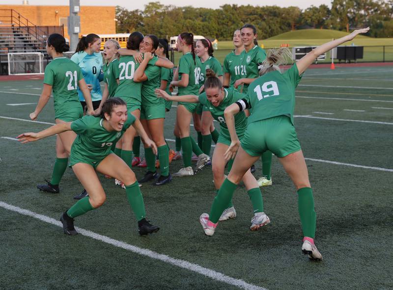 York celebrates winning the Class 3A Morton regional girls soccer final between Downers Grove South and York in Berwyn on Friday, May 17, 2024.