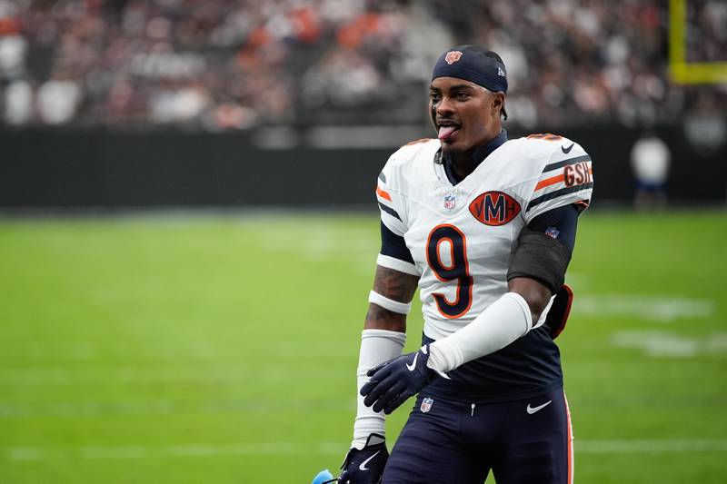 Chicago Bears safety Jaquan Brisker (9) walks on the field before the team's NFL football game against the Las Vegas Raiders Sunday, Sept. 28, 2025, in Las Vegas. (AP Photo/John Locher)