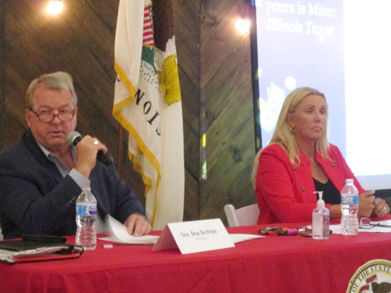 State Sen. Don DeWitte, R-St. Charles, and state Sen. Sue Rezin, R-Morris, appeared at a town hall meeting in rural Oswego on Oct. 12. The two lawmakers blasted Gov. J.B. Pritzker's use of executive orders to deal with the COVID-19 pandemic. (Mark Foster)