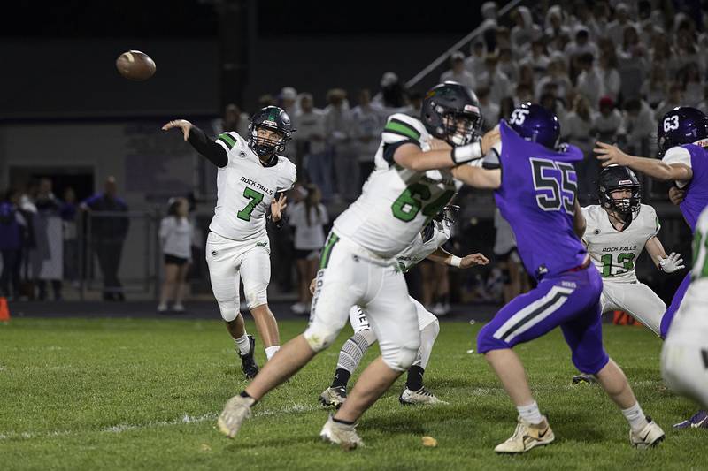 Rock Falls’ Vincent Lombardo fires a pass Friday, Oct. 21, 2022 against Dixon.