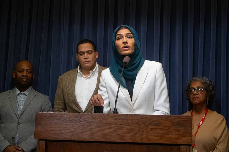 State Rep. Nabeela Syed speaks to members of the media at the Illinois Capitol  about the proposed Illinois prescription drug affordability board on Jan. 29, 2025.