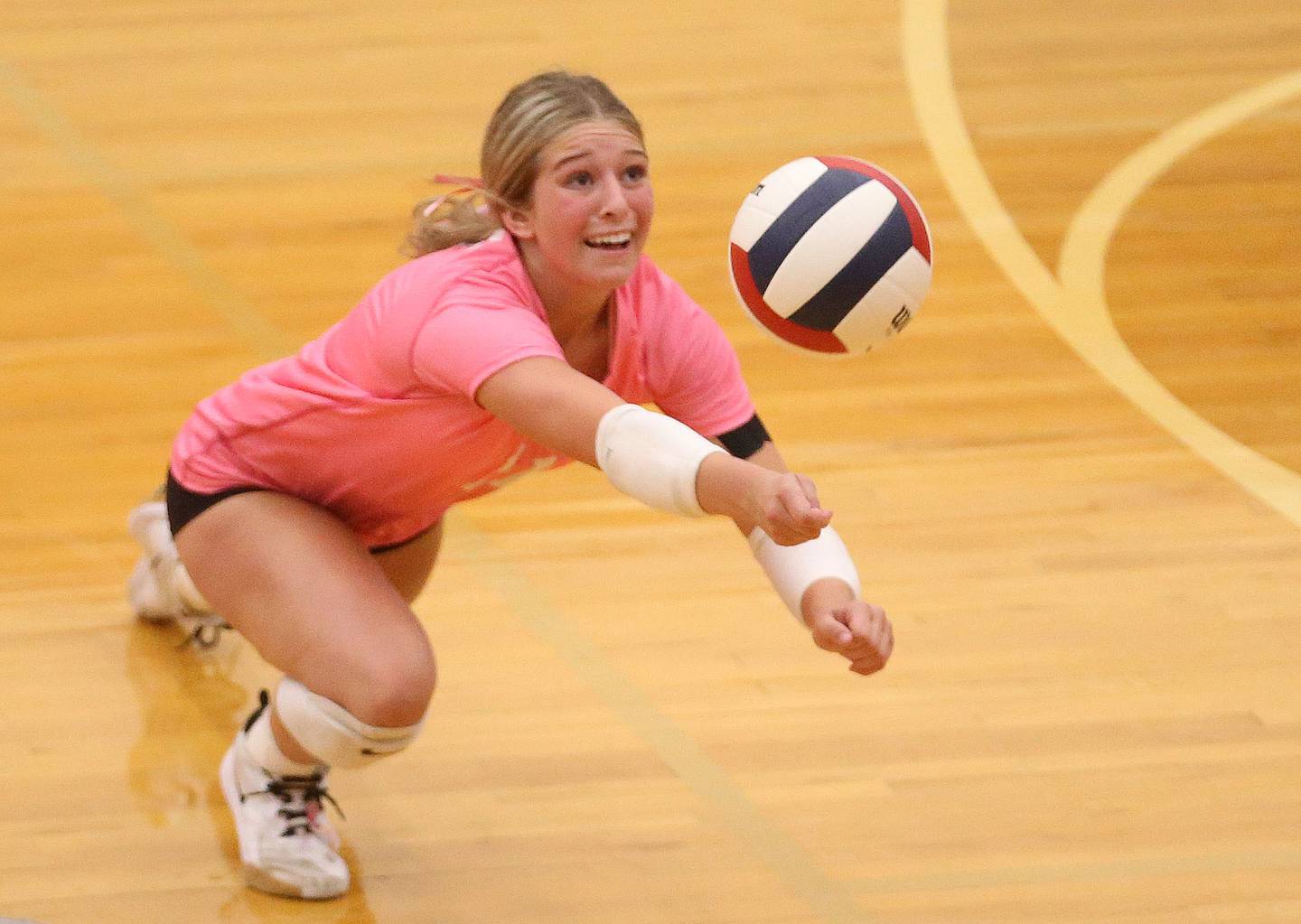 Hall's Mia Wenzel dives after the ball while playing Princeton on Thursday, Oct. 9, 2025 at Hall High School.