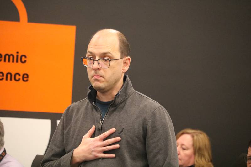 DeKalb resident Jason Reed speaks out before the public at the DeKalb District 428 school board's Jan. 21, 2025, meeting.