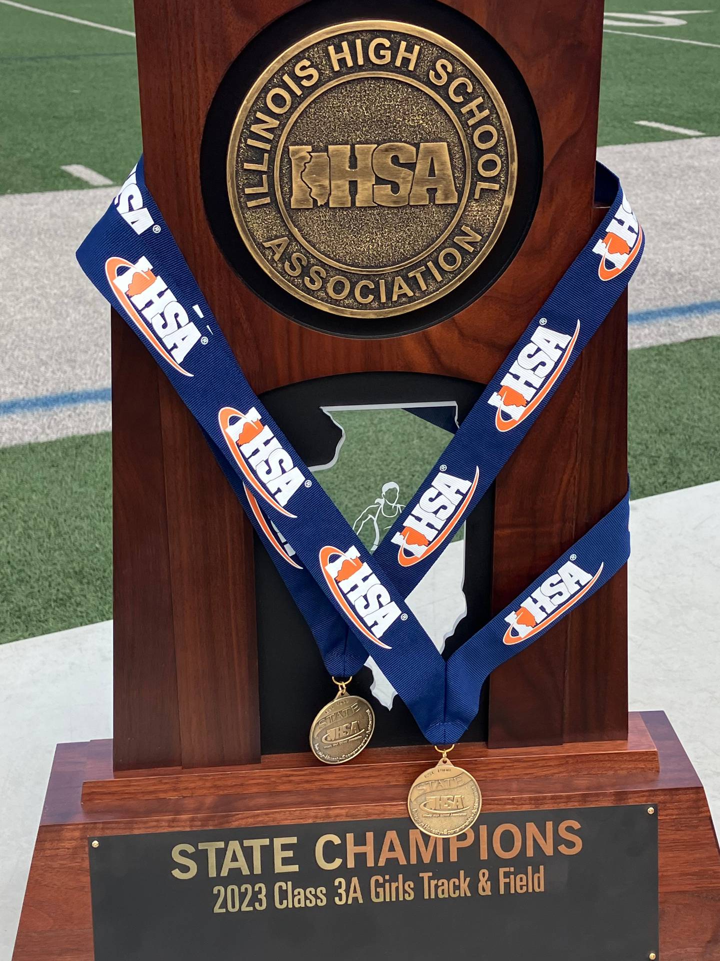 Huntley's Class 3A Girls Track and Field Meet state championship trophy, affectionately referred to by the team as "Baby."