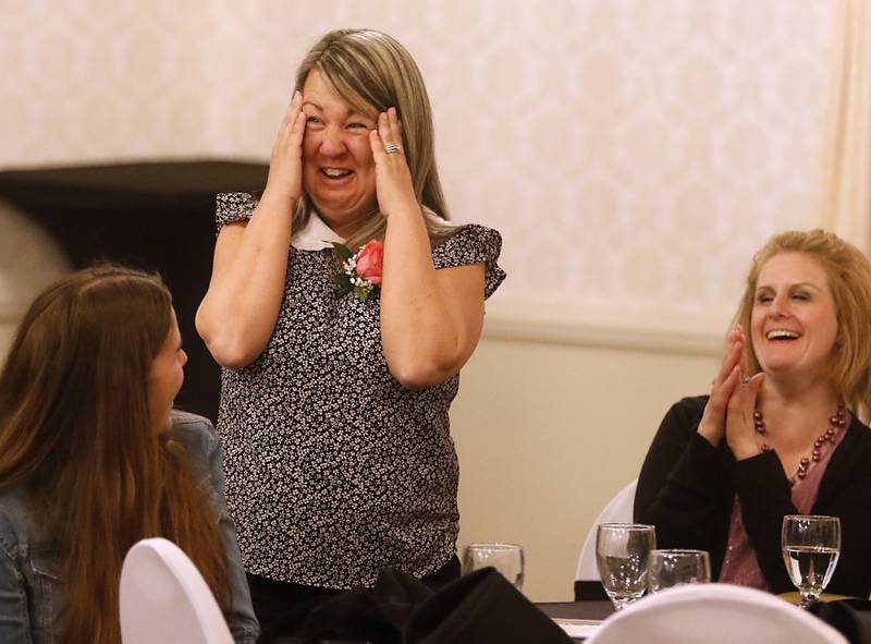 Julie Zay of Greenwood Elementary School reacts to winning the pre-school award during the the Educator of the Year Dinner, Saturday, May 6, 2023, at Hickory Hall, in Crystal Lake. The annual awards recognize McHenry County’s top teachers, administrators and support staff.