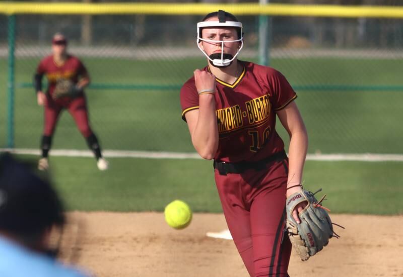 Richmond-Burton’s Hailey Holtz delivers against Marengo in varsity softball on Tuesday, April 22, 2025, at Marengo High School in Marengo.