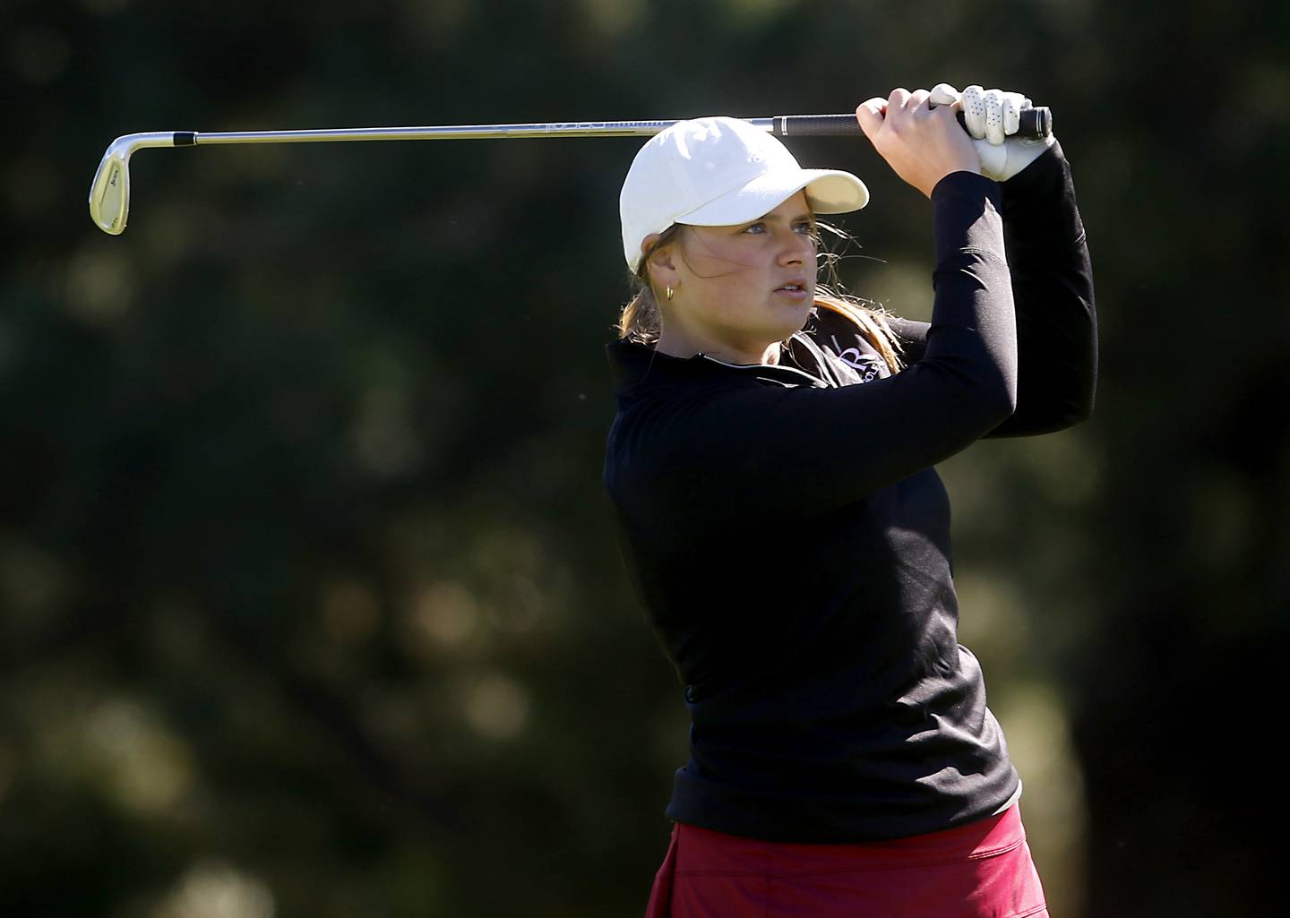 Prairie Ridge’s Grace Mertel watches her tee shot the eight hole during the IHSA Class 2A Huntley Girls Golf Regional on Tuesday, Oct. 1, 2024, at Pinecrest Golf Club in Huntley.