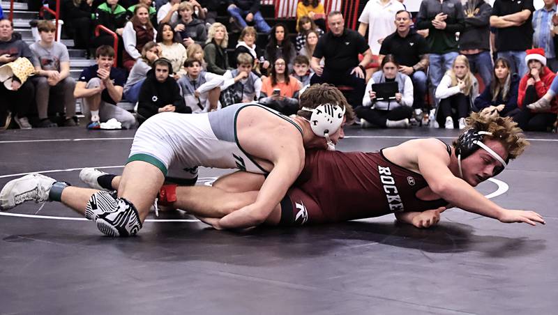 West Carroll’s Connor Knop controls Rock Ridge's Thomas Sowards to win the 157 pound class at the Erie-Prophetstown holiday wrestling tournament on Saturday, Dec. 19, 2205
