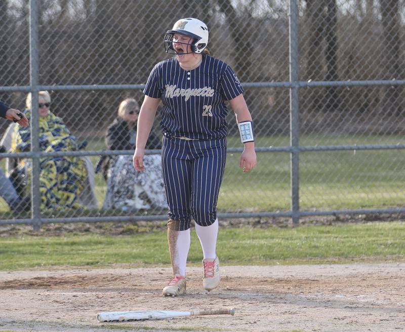 Marquette's Taylor Cuchra reacts after slideing safe into home plate against Serena on Wednesday, March 26, 2025 at Serena High School.