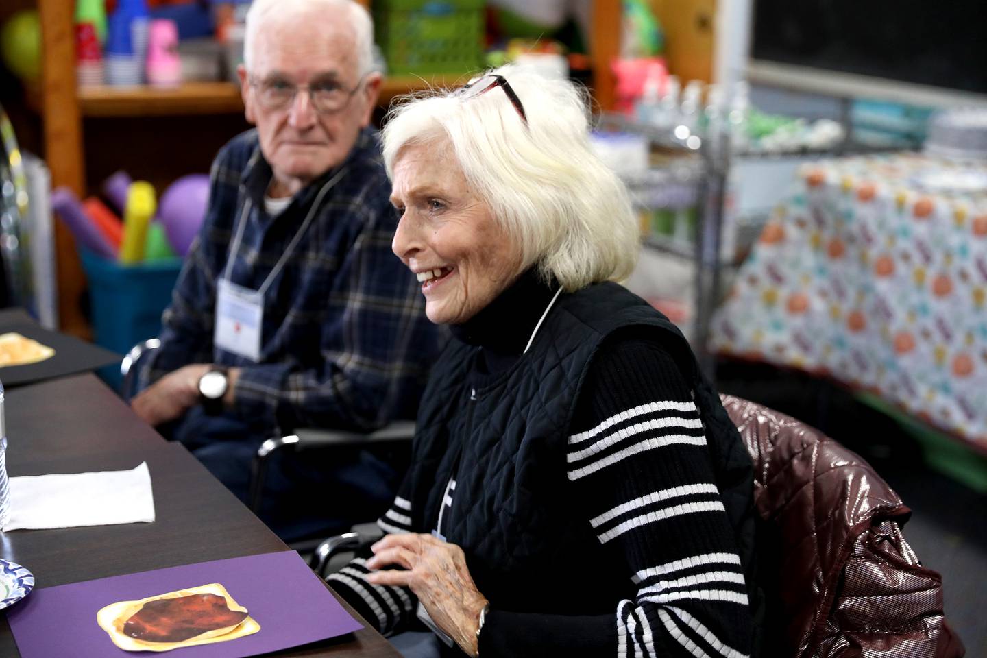 Joan E. and Bob T. share a laugh at the Elderday Center in Batavia. The center, which offers therapeutic care for seniors will celebrate 35 years of service this year.