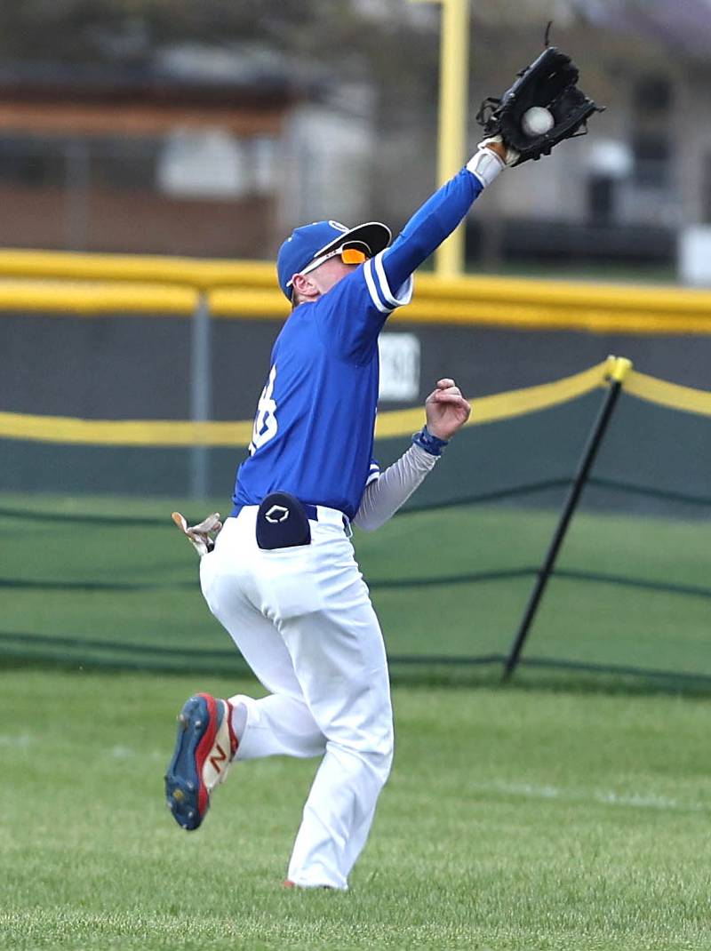 Hinckley-Big Rock's Mckinley Shelton makes a running catch during their game Monday, May 1, 2023, at Indian Creek High School in Shabbona.