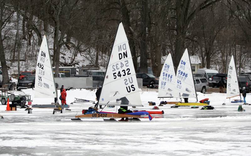 Ice boat racers prepare to race on Senachwine Lake on Thursday Jan. 27, 2022 near Putnam.