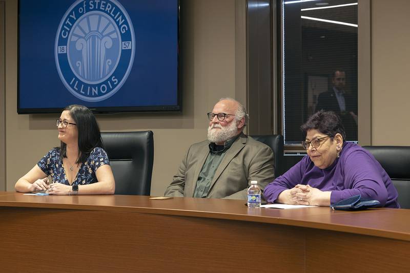 Sterling mayoral candidates Diana Merdian (left), Jim Wise and Mary Carlson appear during a Sauk Valley Area Chamber of Commerce candidate forum Tuesday, March 21, 2023.