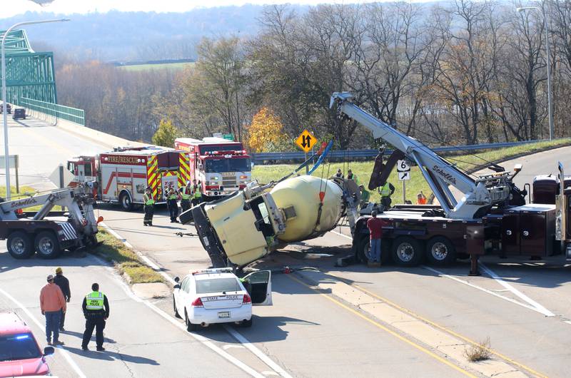 Emergency crews responded Wednesday, Nov. 15, 2023, to an overturned cement truck on Route 251 near the U.S. 6 interchange in Peru.