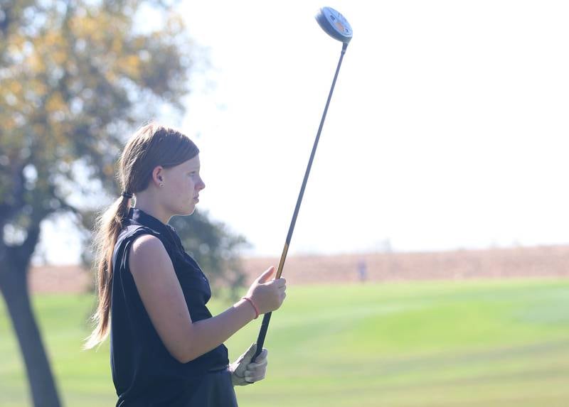 Henry-Senachwine's Emily Carroll tees off during the Class 1A Regionals on Tuesday, Sept. 30, 2025 at Spring Creek Golf Course in Spring Valley.