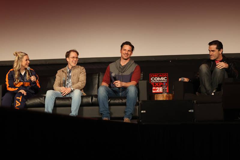 Actor Ashley Eckstein (left), voice of Ashoka, James Arnold Taylor, Obi-Wan, Matt Lanter, Darth Vader and Sam Witwer, Darth Maul, share the stage at the Star Wars Clone Wars: Animation Series 15 year cast reunion panel at C2E2 Chicago Comic & Entertainment Expo on Saturday, April 1, 2023 at McCormick Place in Chicago.