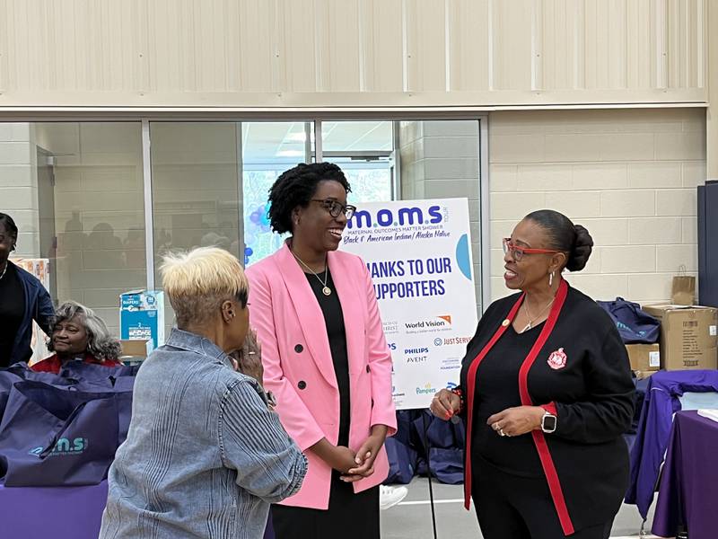 U.S. Rep. Lauren Underwood speaks with attendees on Sunday, Oct. 13, 2024, for a tour called Maternal Outcomes Matter Showers, or M.O.M.S., in Joliet.