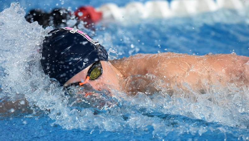 Oswego’s Chase Maier swims the 200-yard freestyle during the boys state swimming and diving finals at FMC Natatorium on Saturday, Feb. 24, 2024 in Westmont.