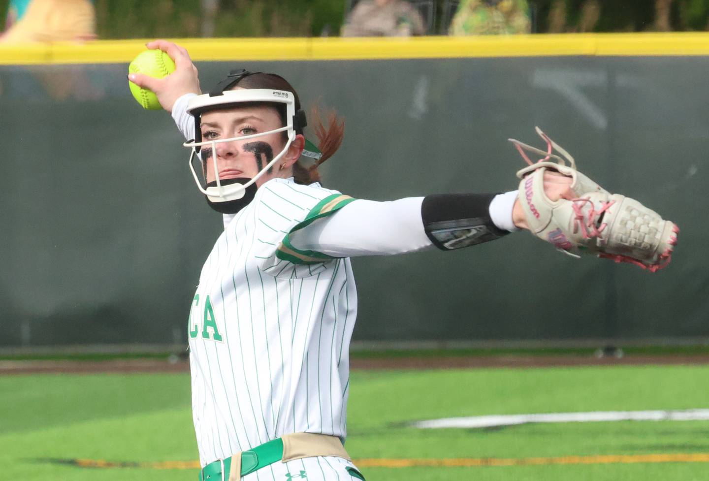 Seneca's Hayden Pfeifer lets go of a throw to Ottawa on Friday, May 1, 2026 at Seneca High School.