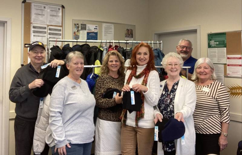 Rotary Club of Huntley delivered winter coats to Grafton Food Pantry for its annual Christmas gift program on November 17, 2022. Pictured (L to R): Jim Uszler, Gloria Newman, Denise Pitcher, Tetyana Torzhevska, Karen Hutchings, Jim Drendel, Sandy Domek