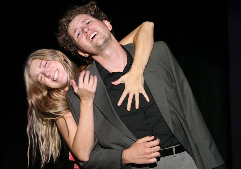Elle, played by Serena Rogers and Warner Huntington III, played by Eric Masini act out a scene during a rehearsal of Legally Blonde on Tuesday, July 1, 2025 at Stage 212 in La Salle.
