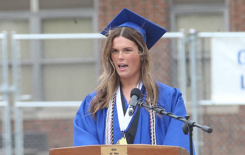 Princeton High School salutatorian Ellie Harp, gives a speech during the 156th annual Commencement on Saturday, May 17, 2025 at Bryant Field.