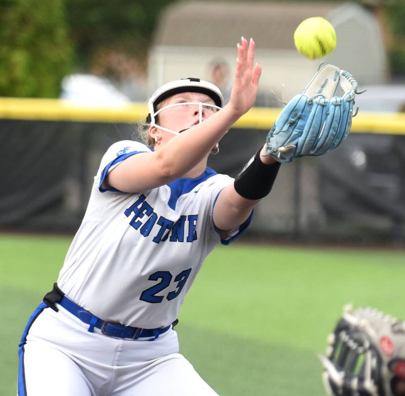 Peotone's Adyson Kosmos makes a catch during a Class 2A Manteno Regional quarterfinal against Herscher at Herscher Monday, May 18, 2026.